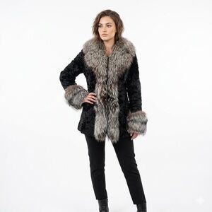 Genuine Short Jacket Slim Fur Silver Fox Collar VATLISAR Women's Sz XXL Overcoat